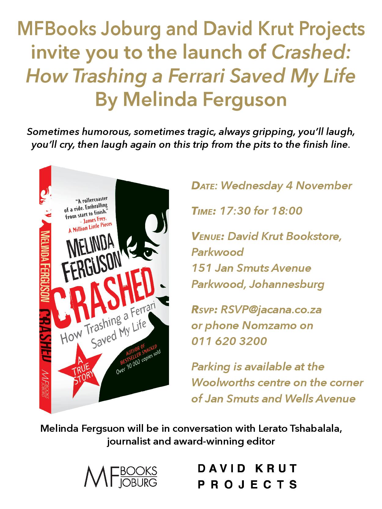 “Crashed” Book Launch with Melinda Ferguson