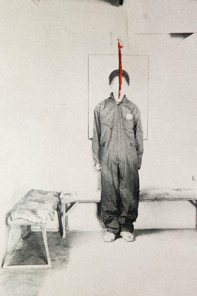An image from 'Slaghuis.' Thembinkosi Hlatshwayo uses the medium of photographic collage to roughly and rawly encapsulate the shabby and the torn, the violence and the hopelessness, in minimalist compositions. The result is a series of visual spotlights on the autobiography of an individual on the verge of extinction.